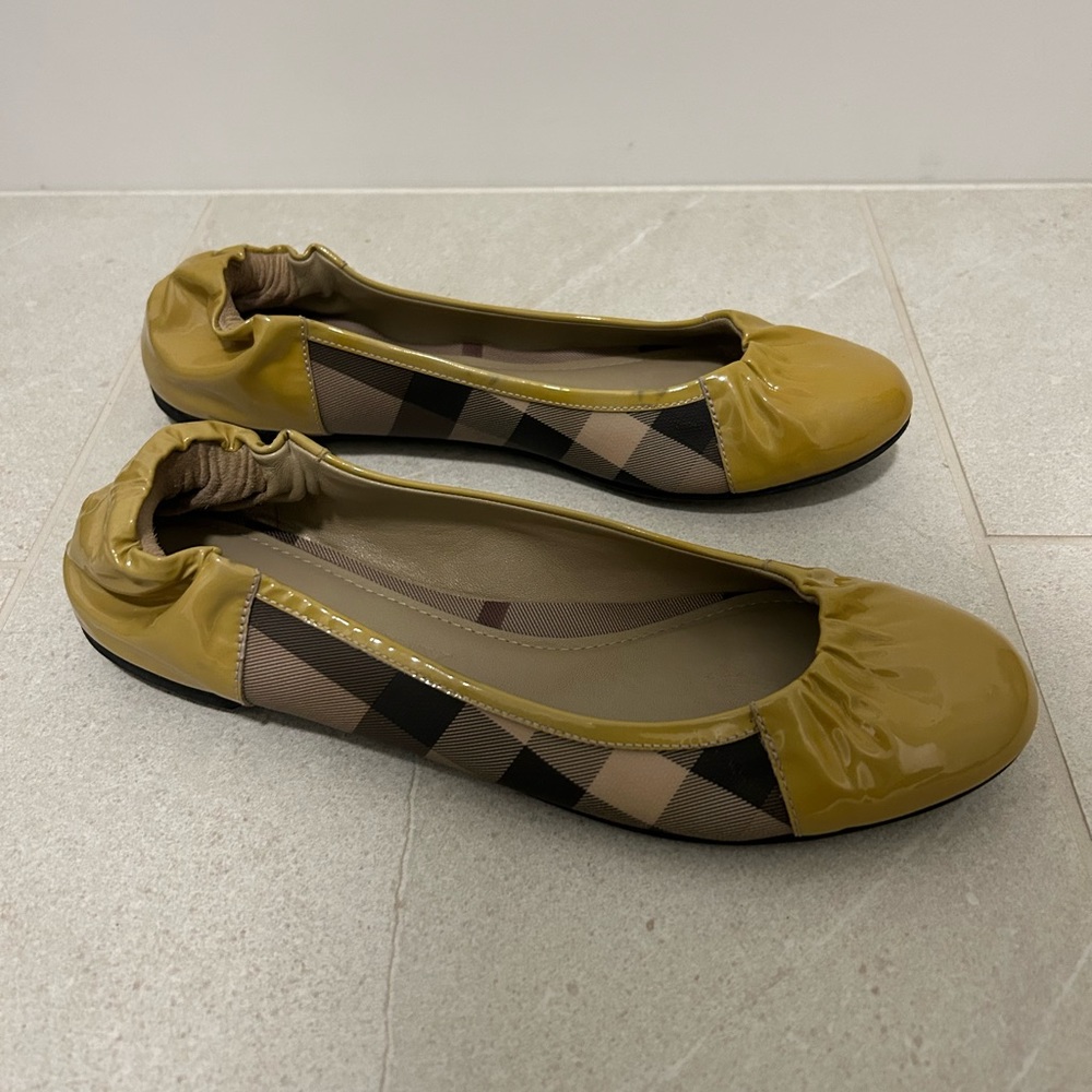 Burberry Mustard Yellow Check Patent Leather Ballet Flats